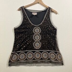 MSSP Sleeveless Top Large Women Black Gold Medallion Boho Sequin Mesh Party Tank